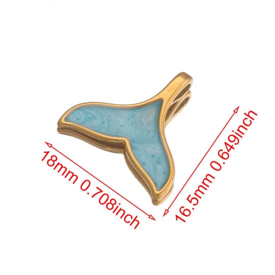 Image de 1 Pièce Breloques en 304 Acier Inoxydable Placage sous Vide Queue de Poisson Plaqué Or 18K Bleu Émail 18mm x 17mm
