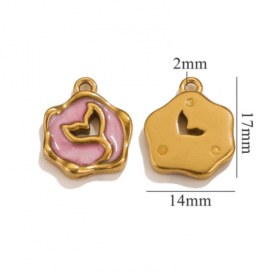 Image de 1 Pièce Breloques en 304 Acier Inoxydable Placage sous Vide Rond Plaqué Or 18K Rose Queue de Poisson Émail 17mm x 14mm