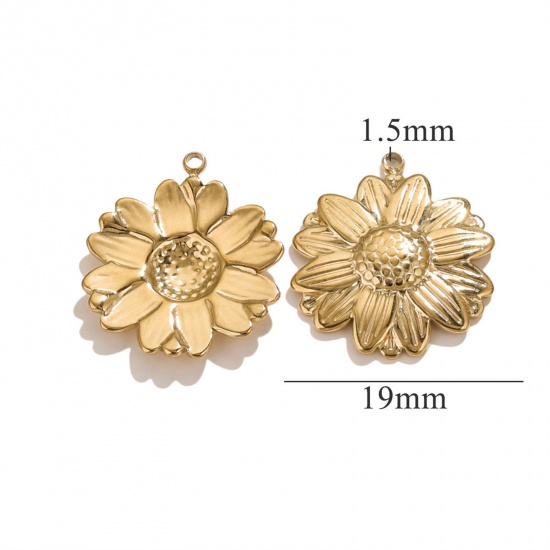1 個 真空メッキ 304ステンレス鋼 3D チャーム デージー 18Kゴールドメッキ 22mm x 19mm、 の画像
