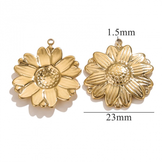 1 個 真空メッキ 304ステンレス鋼 3D チャーム デージー 18Kゴールドメッキ 26mm x 23mm、 の画像