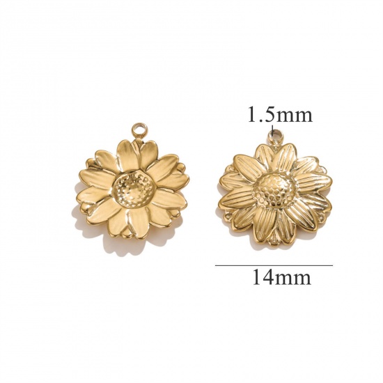 1 個 真空メッキ 304ステンレス鋼 3D チャーム デージー 18Kゴールドメッキ 16mm x 14mm、 の画像