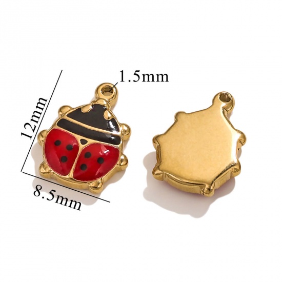 Imagen de 5 Unidades Enchapado al Vacío 304 Acero Inoxidable Colgantes Mariquita Chapado en Oro de 18K Negro & Rojo Esmalte 12mm x 9mm