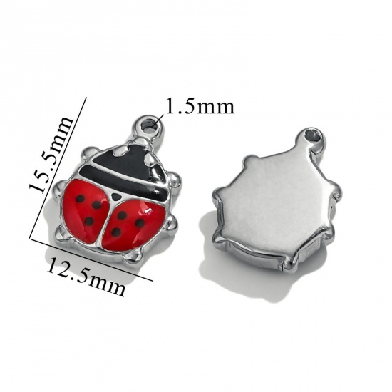 Imagen de 5 Unidades 304 Acero Inoxidable Colgantes Mariquita Tono de Plata Negro & Rojo Esmalte 16mm x 13mm