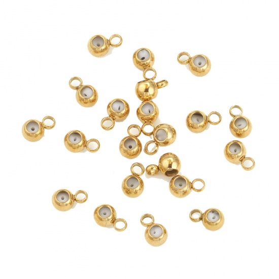 Picture of 5 PCs 304 Stainless Steel Stopper Spacer Beads With Rubber Core For DIY Jewelry Making Findings Round 18K Gold Plated 6mm x 4mm, Hole: Approx 1.4mm