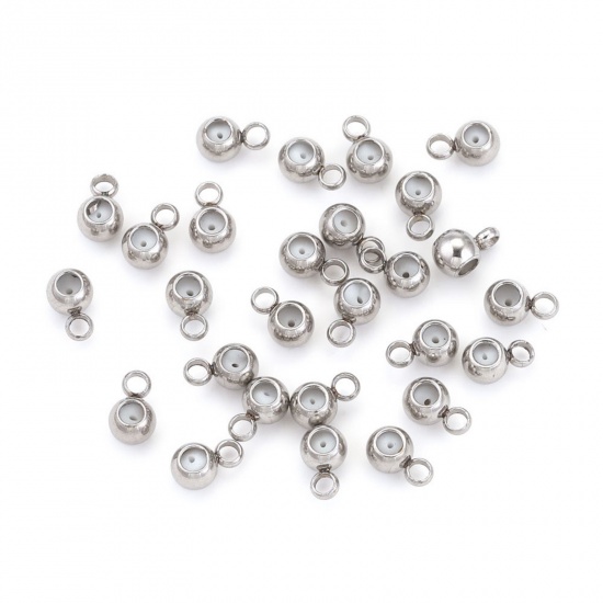 Picture of 5 PCs 304 Stainless Steel Stopper Spacer Beads With Rubber Core For DIY Jewelry Making Findings Round Silver Tone 6mm x 4mm, Hole: Approx 1.4mm