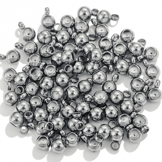 Picture of 5 PCs 304 Stainless Steel Stopper Spacer Beads With Rubber Core For DIY Jewelry Making Findings Round Silver Tone 6mm x 4mm, Hole: Approx 1.4mm