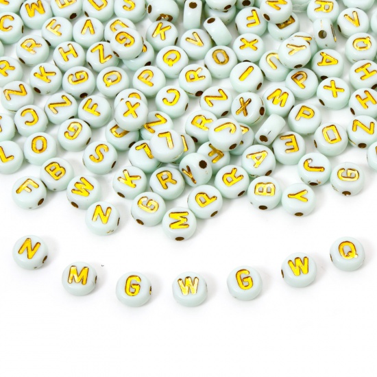 Picture of 500 PCs Acrylic Beads For DIY Jewelry Making Mint Green Flat Round At Random Mixed Message " A-Z " Enamel About 7mm Dia., Hole: Approx 1.5mm