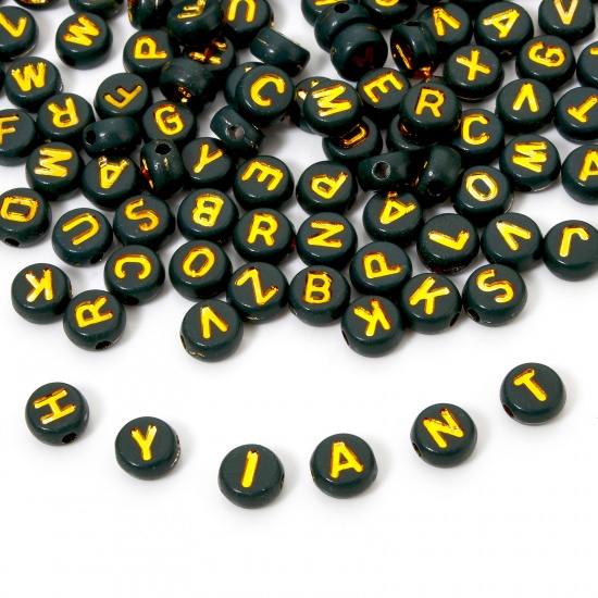 Picture of 500 PCs Acrylic Beads For DIY Jewelry Making Dark Green Flat Round At Random Mixed Message " A-Z " Enamel About 7mm Dia., Hole: Approx 1.5mm