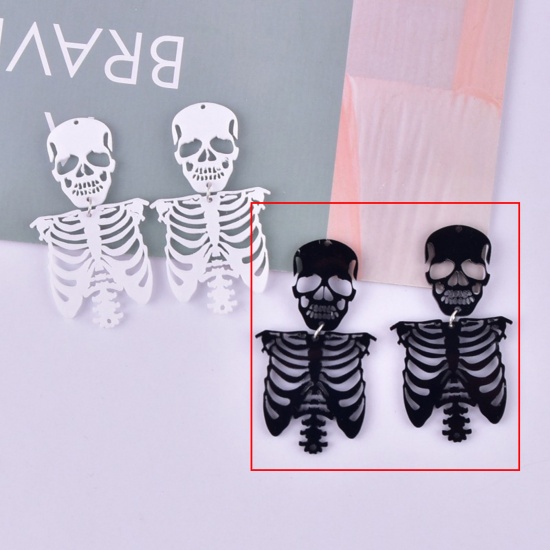 Picture of 5 PCs Acrylic Halloween Pendants Skeleton Skull Black Hollow 6.7cm x 3.8cm