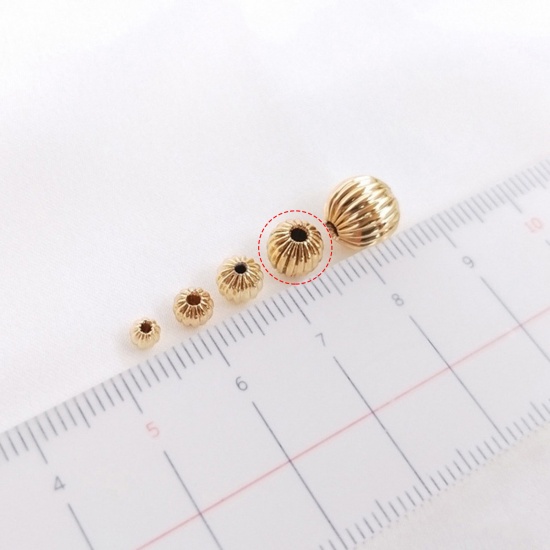 Picture of 10 PCs Brass Beads For DIY Jewelry Making 14K Real Gold Plated Round Stripe About 6mm Dia.