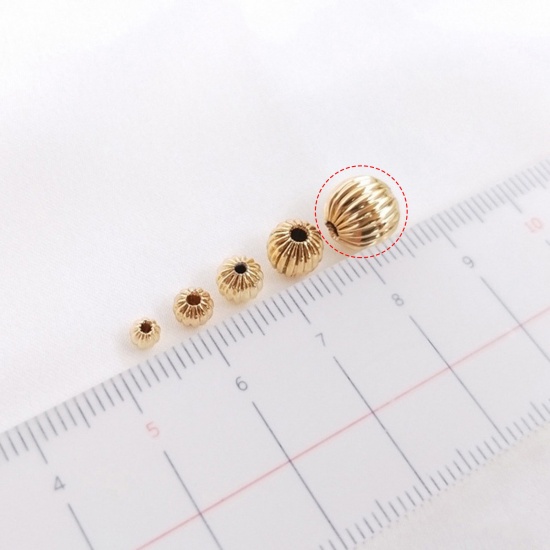 Picture of 10 PCs Brass Beads For DIY Jewelry Making 14K Real Gold Plated Round Stripe About 8mm Dia.