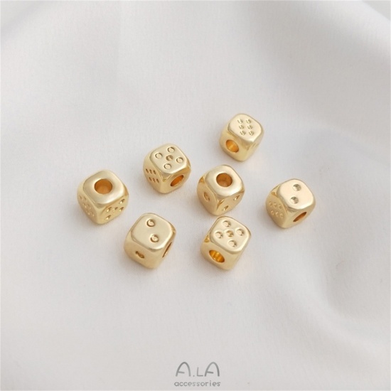 Picture of 5 PCs Brass Beads For DIY Jewelry Making 14K Real Gold Plated Dice Square About 7mm x 7mm