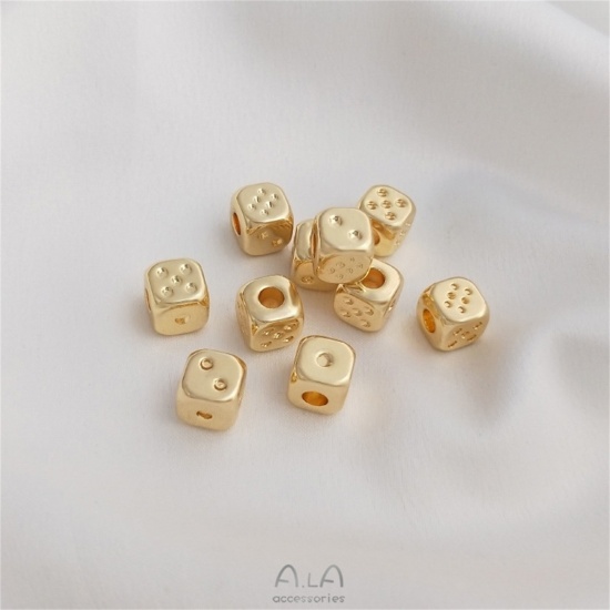 Picture of 5 PCs Brass Beads For DIY Jewelry Making 14K Real Gold Plated Dice Square About 7mm x 7mm