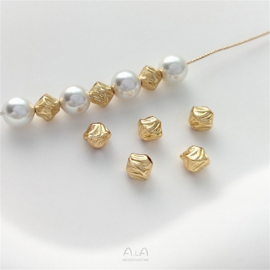 Image de 2 Pcs Perles pour DIY Fabrication de Bijoux en Laiton Plaqué Or Véritable 14K Losange Rayées Env. 7mm x 6.2mm