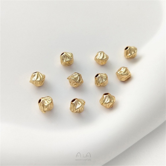 Image de 2 Pcs Perles pour DIY Fabrication de Bijoux en Laiton Plaqué Or Véritable 14K Losange Rayées Env. 7mm x 6.2mm