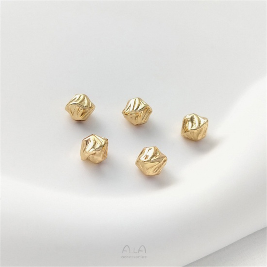 Image de 2 Pcs Perles pour DIY Fabrication de Bijoux en Laiton Plaqué Or Véritable 14K Losange Rayées Env. 7mm x 6.2mm