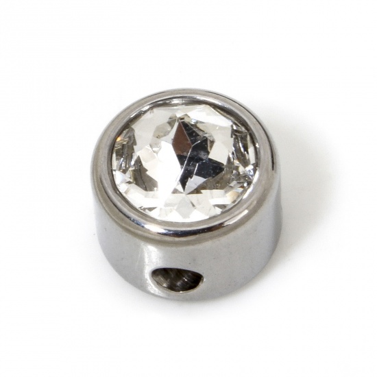Image de 2 Pcs Perles pour DIY Fabrication de Bijoux en 304 Acier Inoxydable Plat-Rond Argent Mat à Strass Transparent env. 8mm Dia., Trou: env. 1.6mm