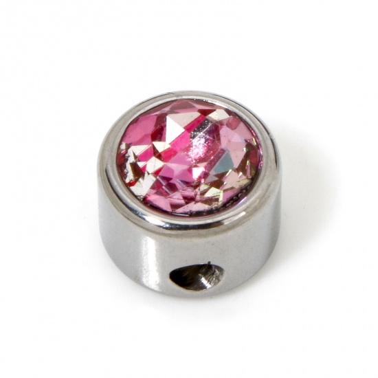 Image de 2 Pcs Perles pour DIY Fabrication de Bijoux en 304 Acier Inoxydable Plat-Rond Argent Mat à Strass Fuchsia env. 8mm Dia., Trou: env. 1.6mm