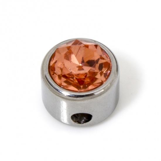 Image de 2 Pcs Perles pour DIY Fabrication de Bijoux en 304 Acier Inoxydable Plat-Rond Argent Mat à Strass Orange Clair env. 8mm Dia., Trou: env. 1.6mm