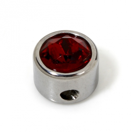 Image de 2 Pcs Perles pour DIY Fabrication de Bijoux en 304 Acier Inoxydable Plat-Rond Argent Mat à Strass Rouge Foncé env. 8mm Dia., Trou: env. 1.6mm