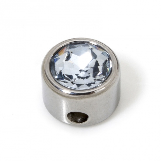 Image de 2 Pcs Perles pour DIY Fabrication de Bijoux en 304 Acier Inoxydable Plat-Rond Argent Mat à Strass Bleu Clair env. 8mm Dia., Trou: env. 1.6mm