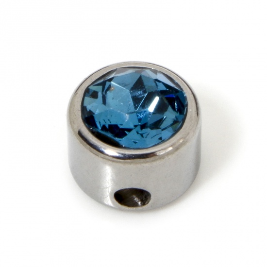 Image de 2 Pcs Perles pour DIY Fabrication de Bijoux en 304 Acier Inoxydable Plat-Rond Argent Mat à Strass Bleu env. 8mm Dia., Trou: env. 1.6mm