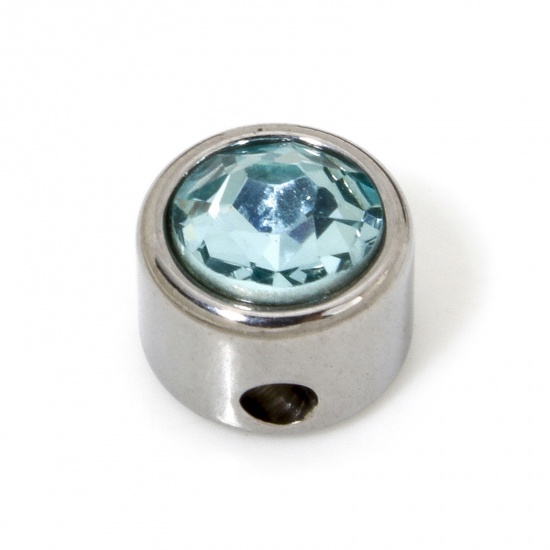 Image de 2 Pcs Perles pour DIY Fabrication de Bijoux en 304 Acier Inoxydable Plat-Rond Argent Mat à Strass Vert Menthe env. 8mm Dia., Trou: env. 1.6mm