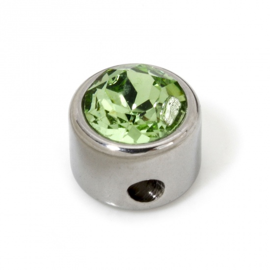Image de 2 Pcs Perles pour DIY Fabrication de Bijoux en 304 Acier Inoxydable Plat-Rond Argent Mat à Strass Vert Clair env. 8mm Dia., Trou: env. 1.6mm