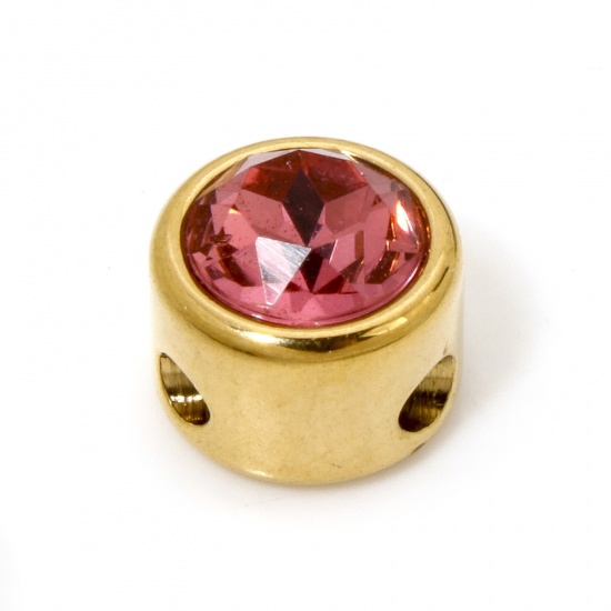 Imagen de 2 Unidades Recubrimiento al Vacío PVD Ecológico 304 Acero Inoxidable Cuentas Para Hacer Joyas De Bricolaje Chapado en Oro de 18K Plano Redondo Rosa Rhinestone 8mm Diámetro, Agujero: Aprox 1.6mm