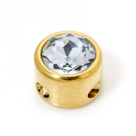 Imagen de 2 Unidades 304 Acero Inoxidable Cuentas Para Hacer Joyas De Bricolaje Plano Redondo Chapado en Oro de 18K Azul Zafiro Rhinestone 8mm Diámetro, Agujero: Aprox 1.6mm