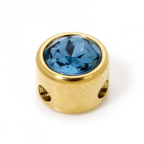 Imagen de 2 Unidades 304 Acero Inoxidable Cuentas Para Hacer Joyas De Bricolaje Plano Redondo Chapado en Oro de 18K Azul Rhinestone 8mm Diámetro, Agujero: Aprox 1.6mm