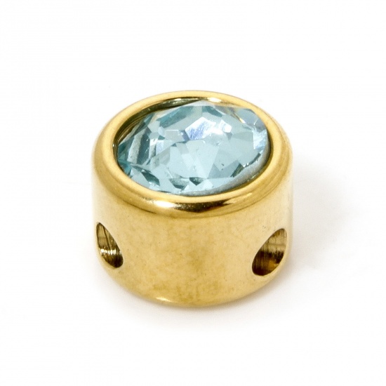 Imagen de 2 Unidades Recubrimiento al Vacío PVD Ecológico 304 Acero Inoxidable Cuentas Para Hacer Joyas De Bricolaje Chapado en Oro de 18K Plano Redondo Azul Zafiro Rhinestone 8mm Diámetro, Agujero: Aprox 1.6mm