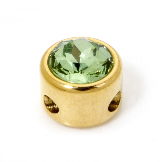 Imagen de 2 Unidades 304 Acero Inoxidable Cuentas Para Hacer Joyas De Bricolaje Plano Redondo Chapado en Oro de 18K Verde Claro Rhinestone 8mm Diámetro, Agujero: Aprox 1.6mm