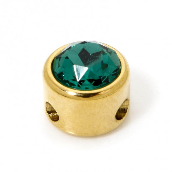 Imagen de 2 Unidades Recubrimiento al Vacío PVD Ecológico 304 Acero Inoxidable Cuentas Para Hacer Joyas De Bricolaje Chapado en Oro de 18K Plano Redondo Verde Rhinestone 8mm Diámetro, Agujero: Aprox 1.6mm