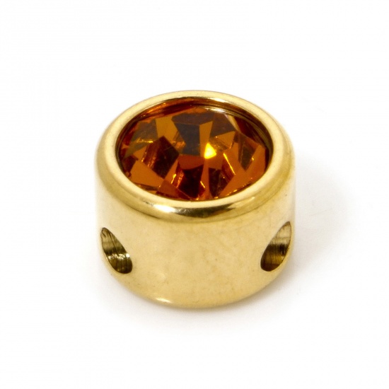 Imagen de 2 Unidades 304 Acero Inoxidable Cuentas Para Hacer Joyas De Bricolaje Plano Redondo Chapado en Oro de 18K Naranja Rhinestone 8mm Diámetro, Agujero: Aprox 1.6mm