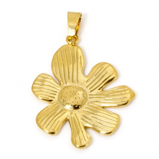Immagine di 1 Pz Placcatura Sottovuoto 304 Acciaio Inossidabile Ciondoli Pendenti Fiore Margherita Placcato Oro 18K Striscia 3.3cm x 2.3cm