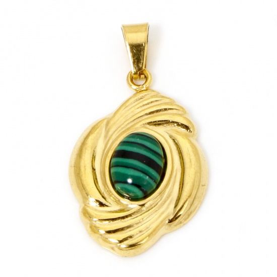 Picture of 1 Piece Vacuum Plating 304 Stainless Steel Charm Pendant 18K Gold Plated Green Oval Imitation Malachite 29mm x 16mm