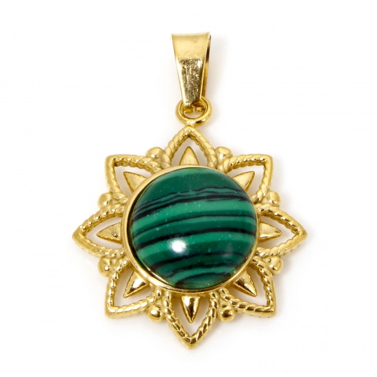 Picture of 1 Piece Vacuum Plating 304 Stainless Steel Charm Pendant 18K Gold Plated Green Flower Imitation Malachite 27mm x 19mm