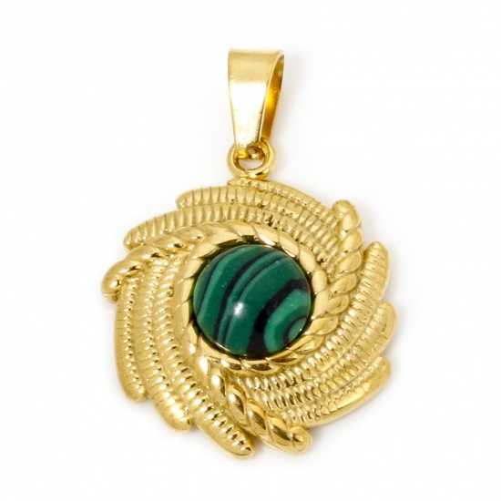 Picture of 1 Piece Vacuum Plating 304 Stainless Steel Charm Pendant 18K Gold Plated Green Spiral Imitation Malachite 26mm x 18mm