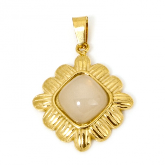 Picture of 1 Piece Vacuum Plating 304 Stainless Steel Charm Pendant 18K Gold Plated Light Beige Rhombus Imitation Gemstones 29mm x 20.5mm