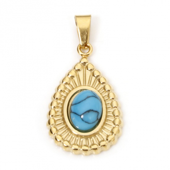 Image de 1 Pièce Pendentif Breloque en 304 Acier Inoxydable Revêtement sous Vide PVD Respectueux de l'Environnement Plaqué Or 18K Bleu Goutte d'Eau Imitation Turquoise 28mm x 14mm