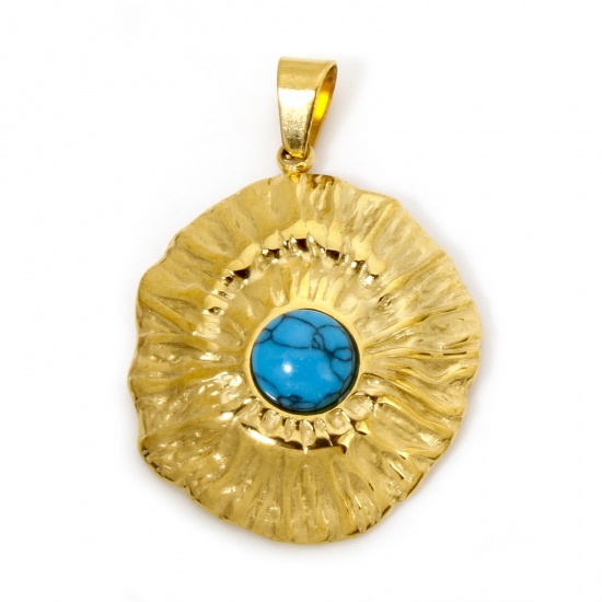 Image de 1 Pièce Pendentif Breloque en 304 Acier Inoxydable Revêtement sous Vide PVD Respectueux de l'Environnement Plaqué Or 18K Bleu Disque Rond Imitation Turquoise 3.1cm x 2.1cm