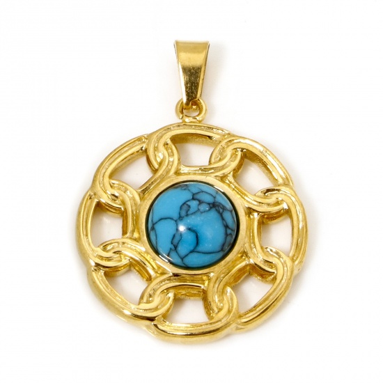 Image de 1 Pièce Pendentif Breloque en 304 Acier Inoxydable Revêtement sous Vide PVD Respectueux de l'Environnement Plaqué Or 18K Bleu Fleur Imitation Turquoise 28mm x 20mm