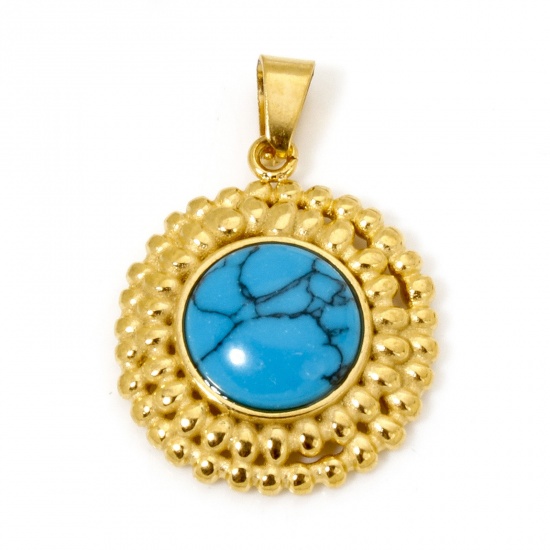 Image de 1 Pièce Pendentif Breloque en 304 Acier Inoxydable Revêtement sous Vide PVD Respectueux de l'Environnement Plaqué Or 18K Bleu Fleur Imitation Turquoise 27mm x 19mm
