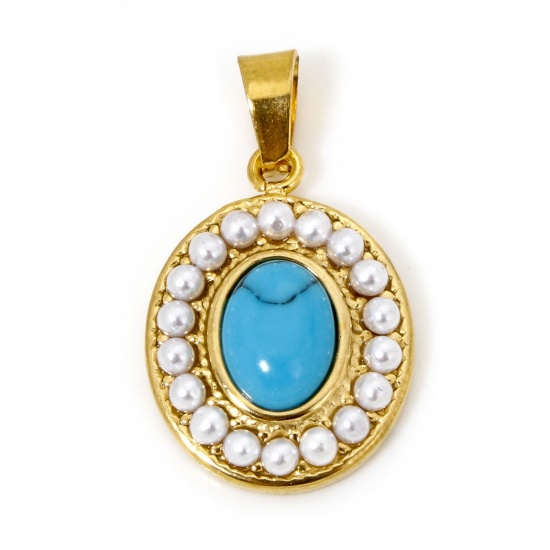 Image de 1 Pièce Pendentif Breloque en 304 Acier Inoxydable Revêtement sous Vide PVD Respectueux de l'Environnement Plaqué Or 18K Bleu Ovale Imitation Turquoise 24mm x 14mm