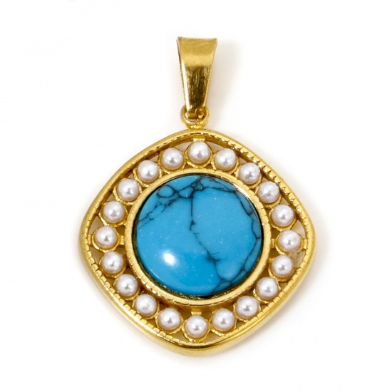 Image de 1 Pièce Pendentif Breloque en 304 Acier Inoxydable Revêtement sous Vide PVD Respectueux de l'Environnement Plaqué Or 18K Bleu Losange Imitation Turquoise 27mm x 19mm