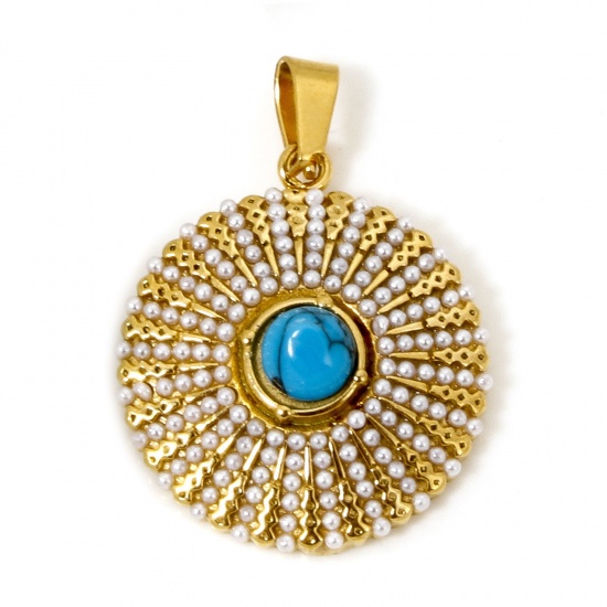 Image de 1 Pièce Pendentif Breloque en 304 Acier Inoxydable Revêtement sous Vide PVD Respectueux de l'Environnement Plaqué Or 18K Bleu Disque Rond Imitation Turquoise 28mm x 20mm