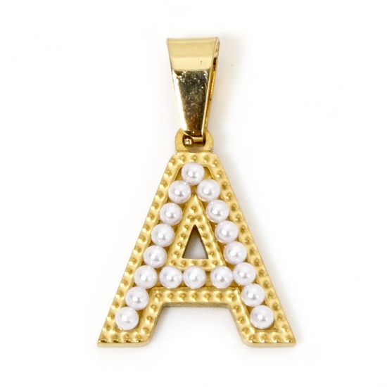 Picture of 1 Piece Vacuum Plating 304 Stainless Steel Charm Pendant 18K Gold Plated Capital Alphabet Initial Letter Message " A " Acrylic Imitation Pearl 24mm x 15mm