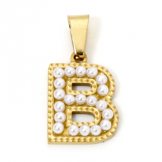 Picture of 1 Piece Vacuum Plating 304 Stainless Steel Charm Pendant 18K Gold Plated Capital Alphabet Initial Letter Message " B " Acrylic Imitation Pearl 24mm x 12.5mm