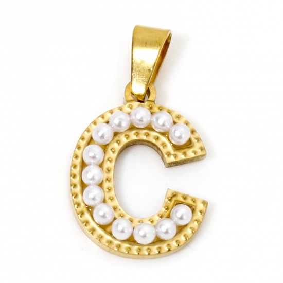 Picture of 1 Piece Vacuum Plating 304 Stainless Steel Charm Pendant 18K Gold Plated Capital Alphabet Initial Letter Message " C " Acrylic Imitation Pearl 22mm x 13mm